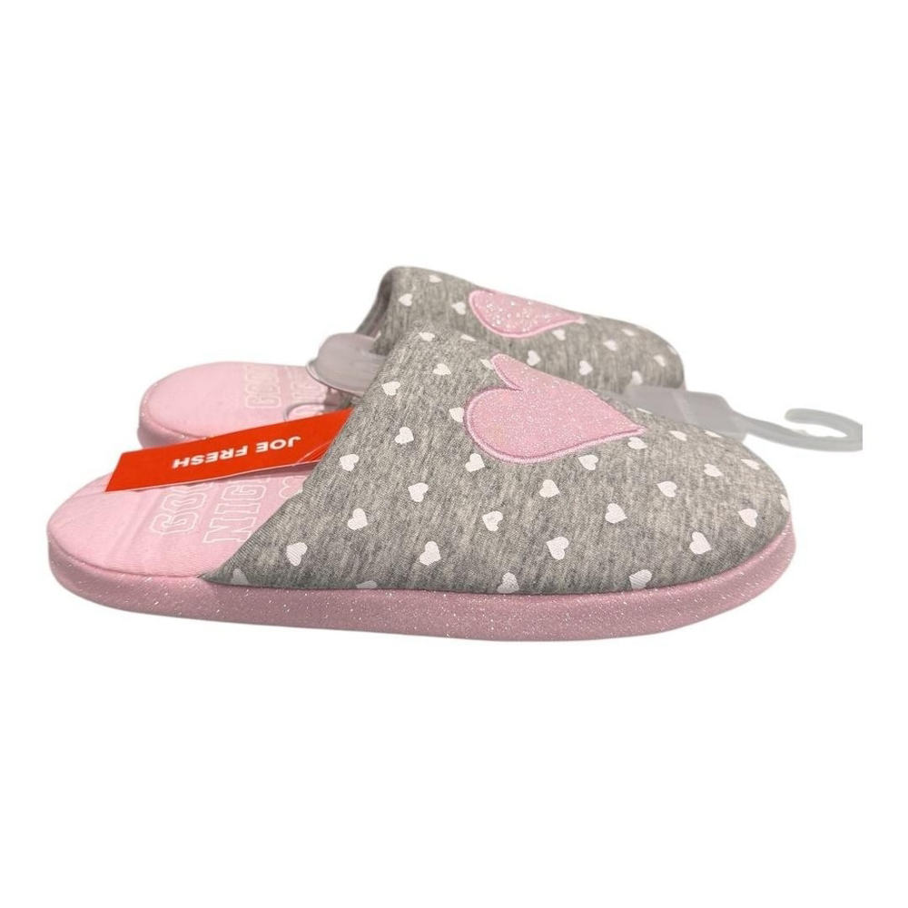 Joe Fresh Slippers Girls Size 5.5 Gray Pink Heart Slide House Shoes Cozy Winter
